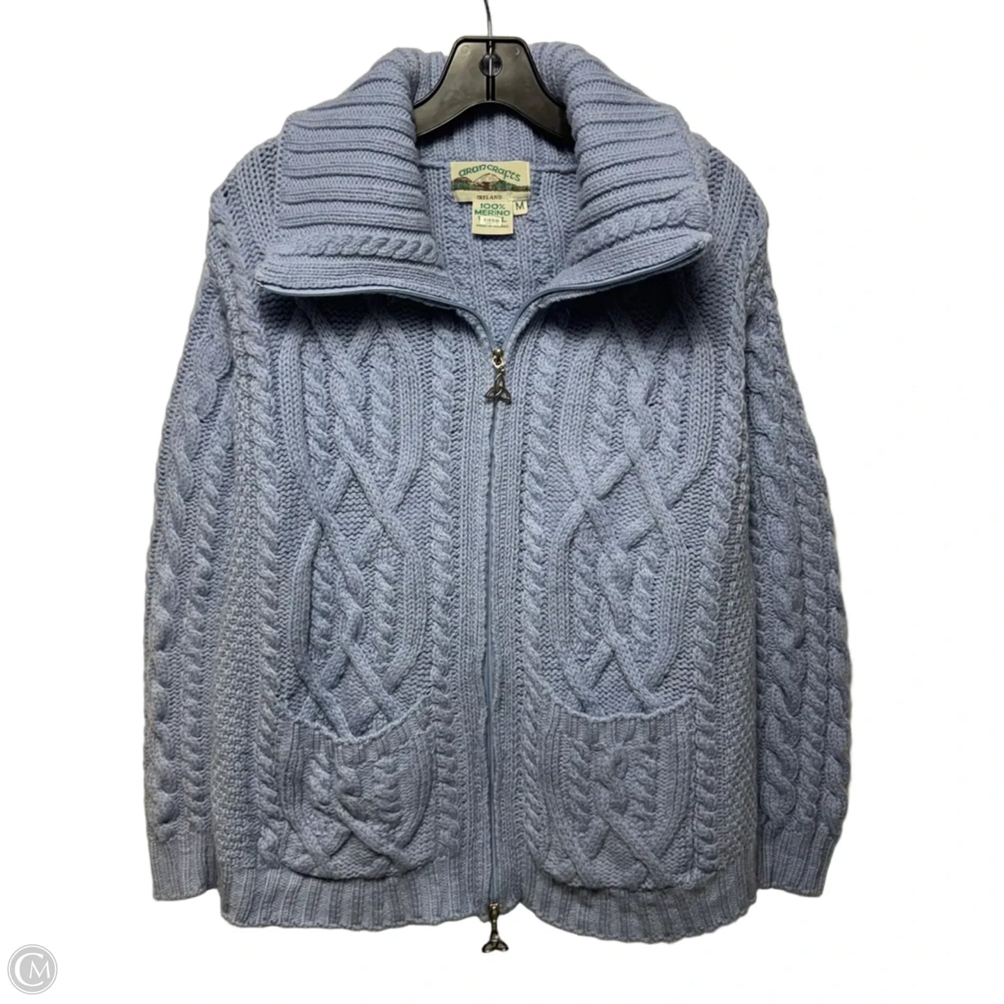 Cable Knit Merino Wool Zip Sweater Cardigan By Arancrafts In Blue, Size: M