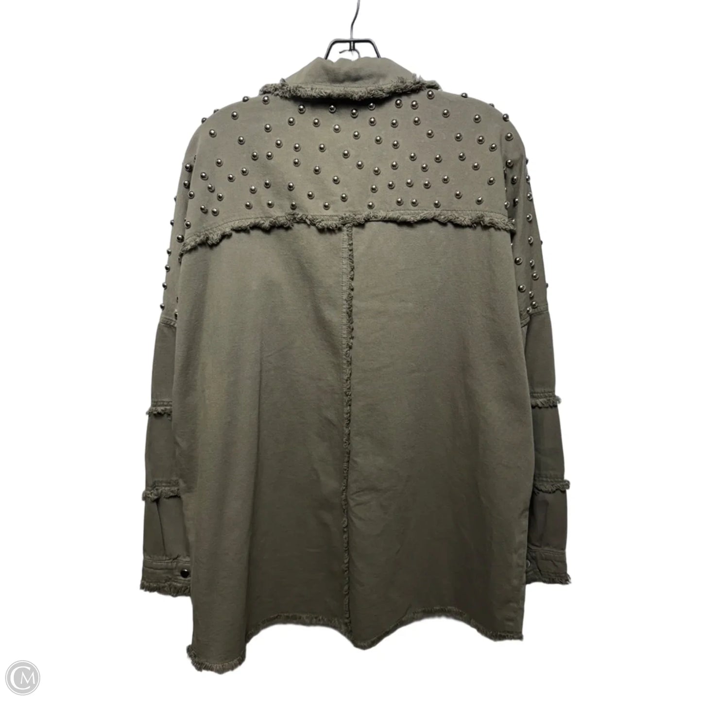 Studded Distressed Jacket Shirt By Elan In Green & Silver, Size: M