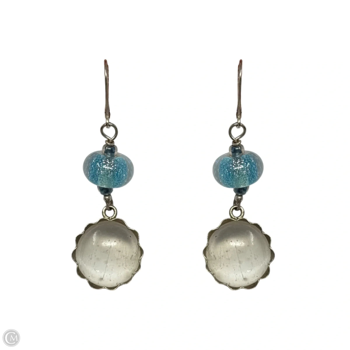 Clear Stone & Blue Bead Sterling Silver Dangle Earrings