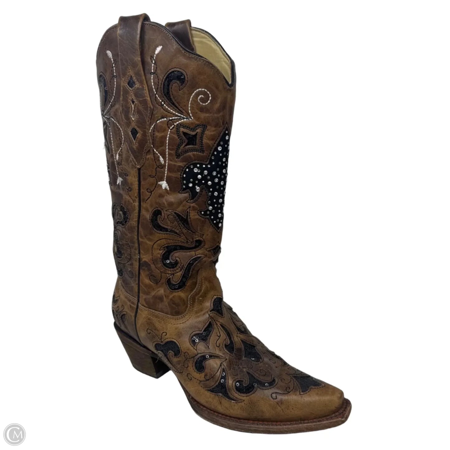 A2840 Fleur-De-Lis Sequin Inlay Snip Toe Cowgirl Boots By Corral In Brown, Size: 9