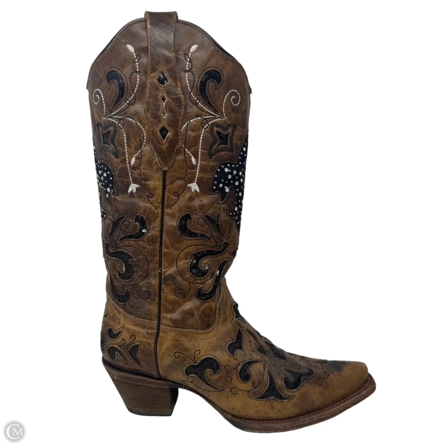 A2840 Fleur-De-Lis Sequin Inlay Snip Toe Cowgirl Boots By Corral In Brown, Size: 9