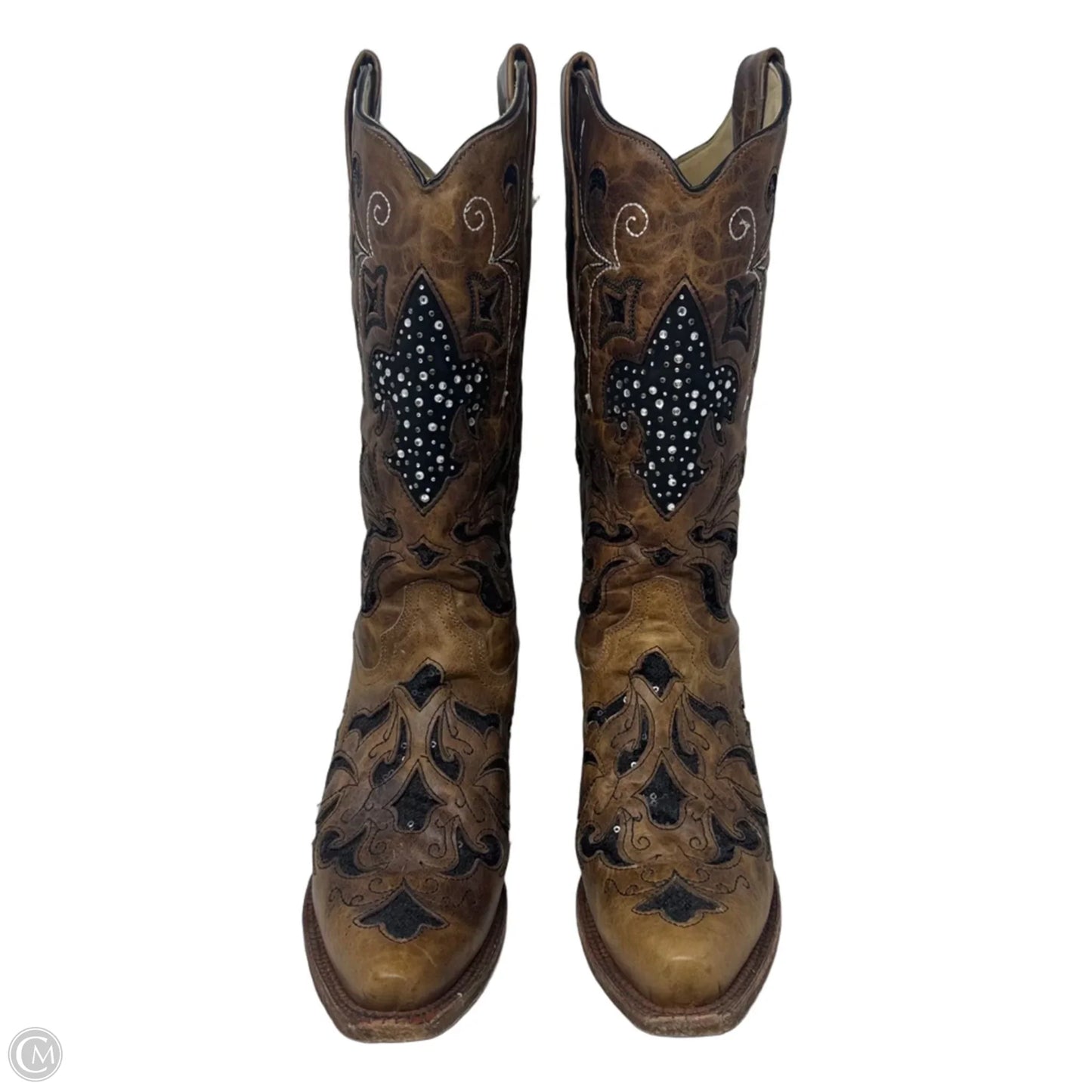 A2840 Fleur-De-Lis Sequin Inlay Snip Toe Cowgirl Boots By Corral In Brown, Size: 9