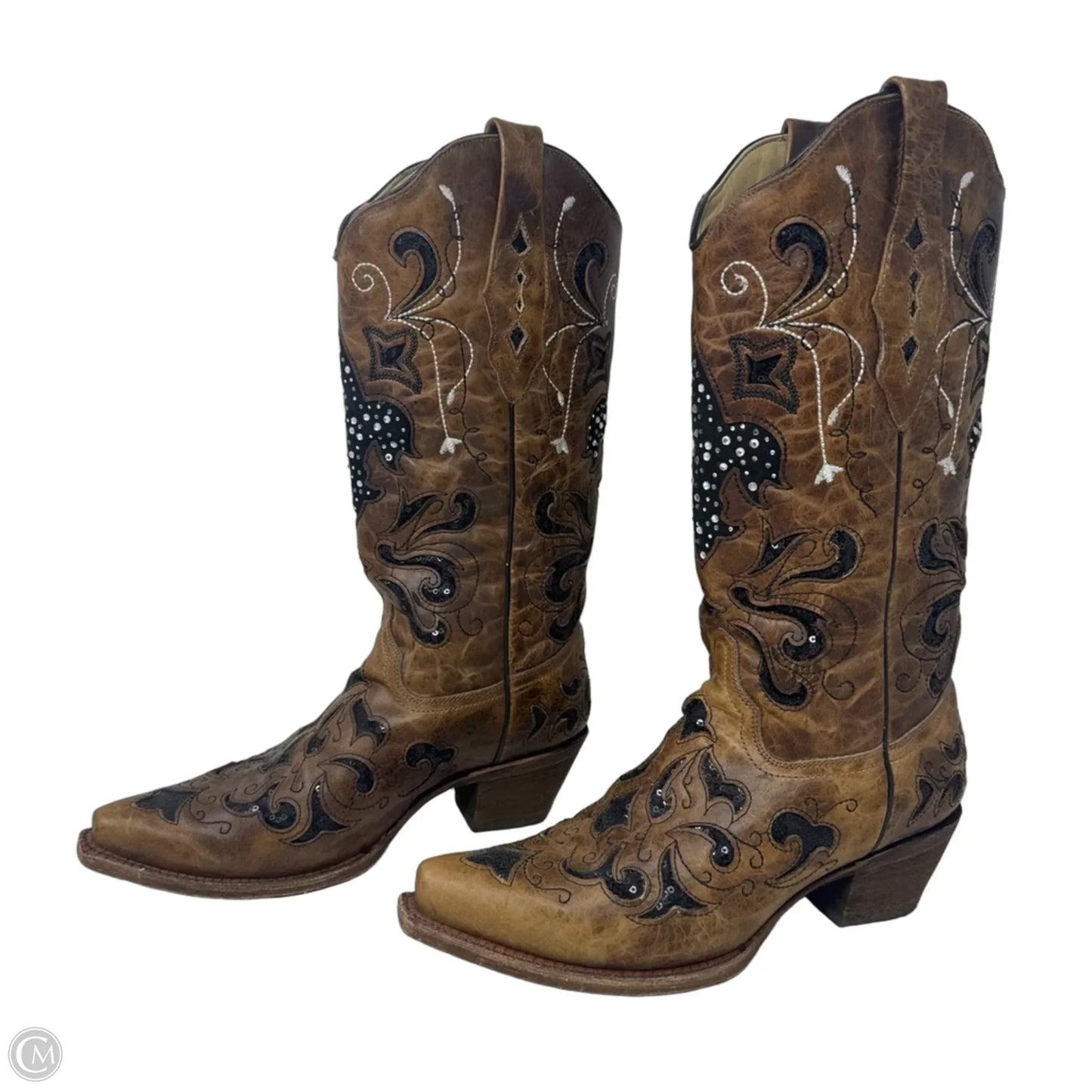 A2840 Fleur-De-Lis Sequin Inlay Snip Toe Cowgirl Boots By Corral In Brown, Size: 9