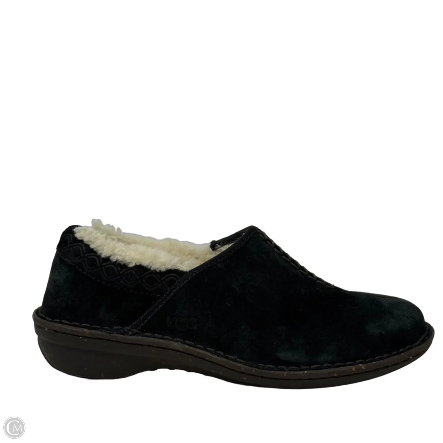 Bettey Black Suede Shearling Clog Slippers Designer By Ugg In Black & Cream, Size: 8