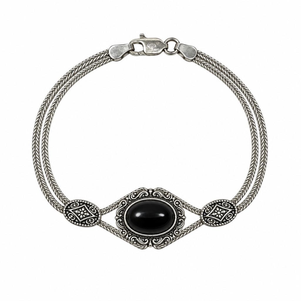 Black Cabachon & Sterling Silver Braided Bracelet