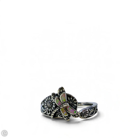Sterling Silver @ Pink Opal Oxidized Dragonfly Sunflower Spoon Ring, Size: 9