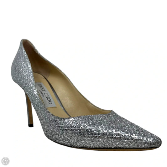 Romy Pointed Toe Pumps Luxury Designer By Jimmy Choo In Silver Metallic Lurex Fabric, Size: 8 (IT 38)
