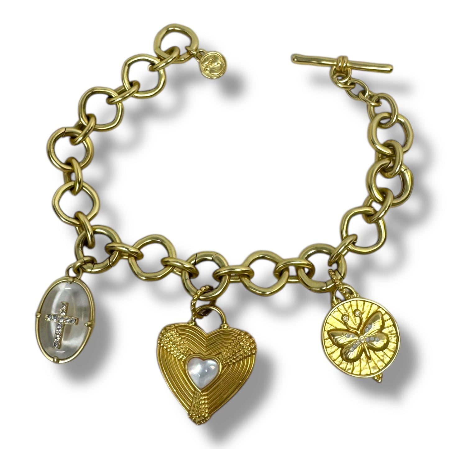 14k Matte Gold Plate Mother-of-Pearl & Clear Glass Crystals Faith Hope Love Charm Bracelet By Spartina