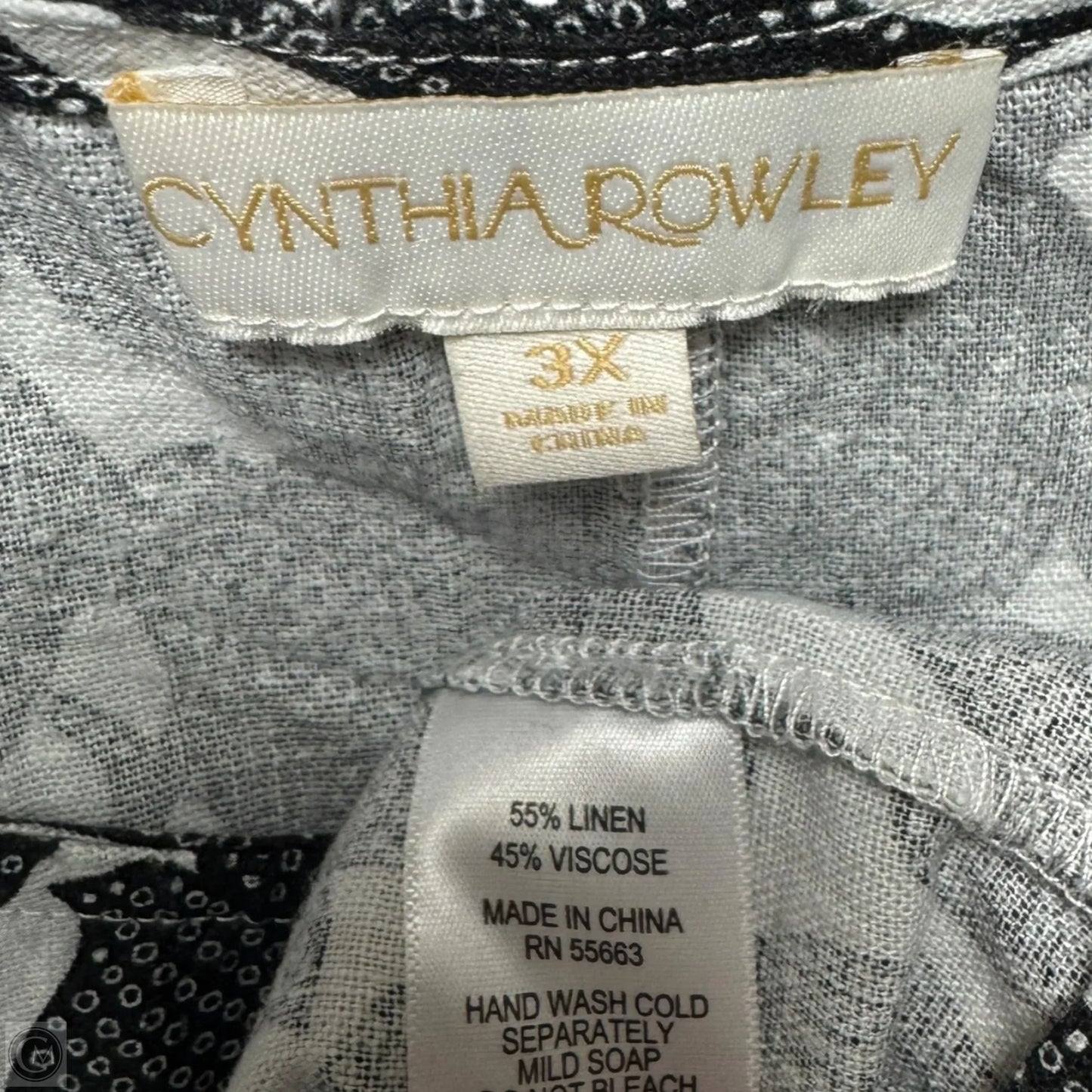 Linen Blend Top 3/4 Sleeve By Cynthia Rowley In Black & White, Size: 3x