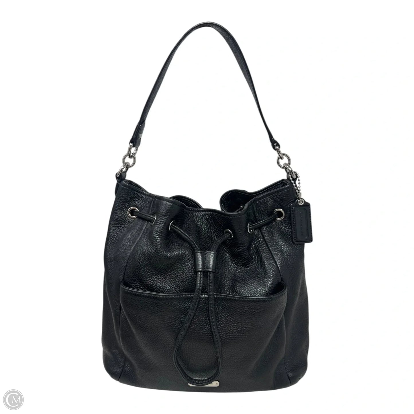 Avery Black Pebble Leather Drawstring Hobo Bucket Bag
 Designer By Coach, Size: Medium