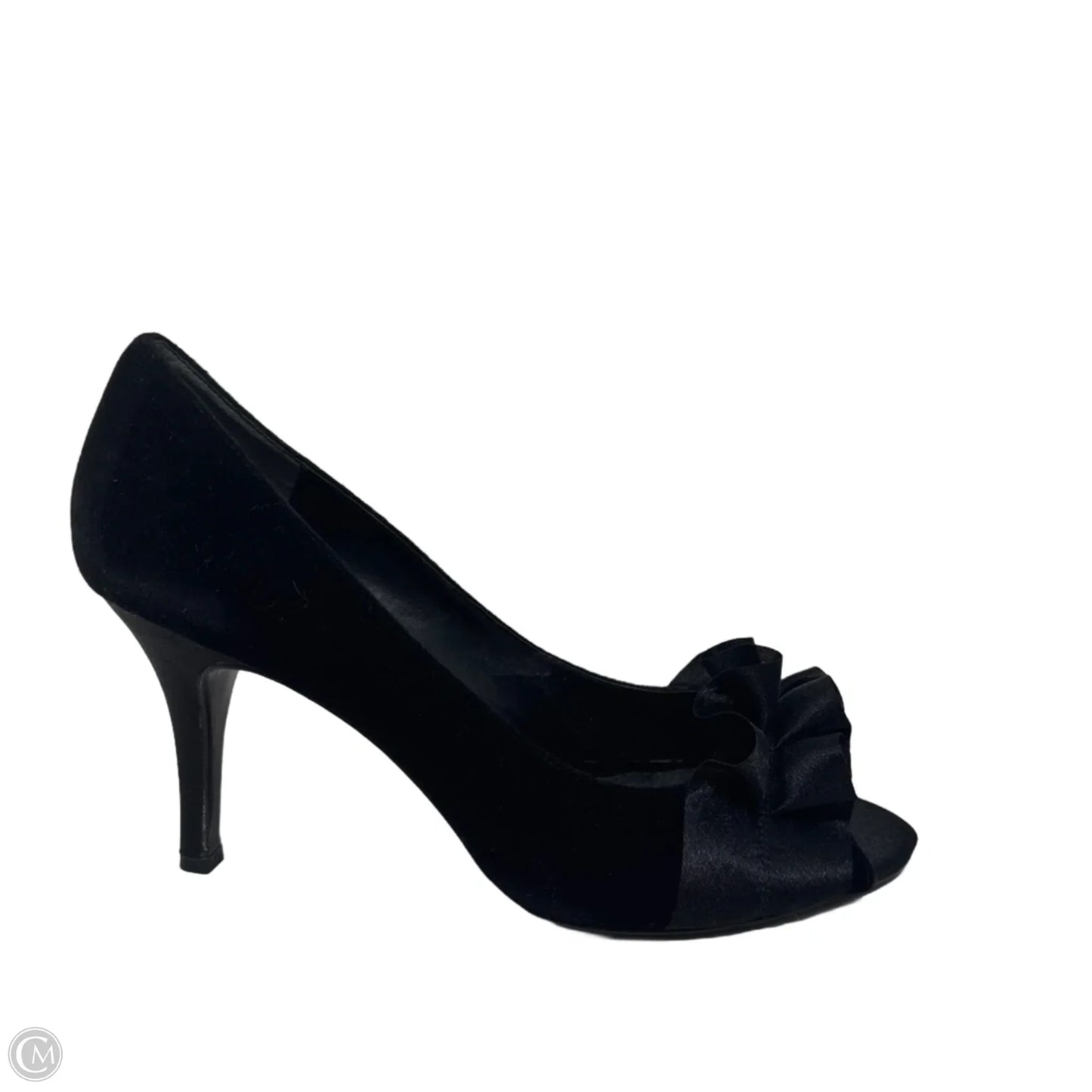 Velvet Ruffle Peep Toe Shoes Heels Stiletto By Nina In Black, Size: 10