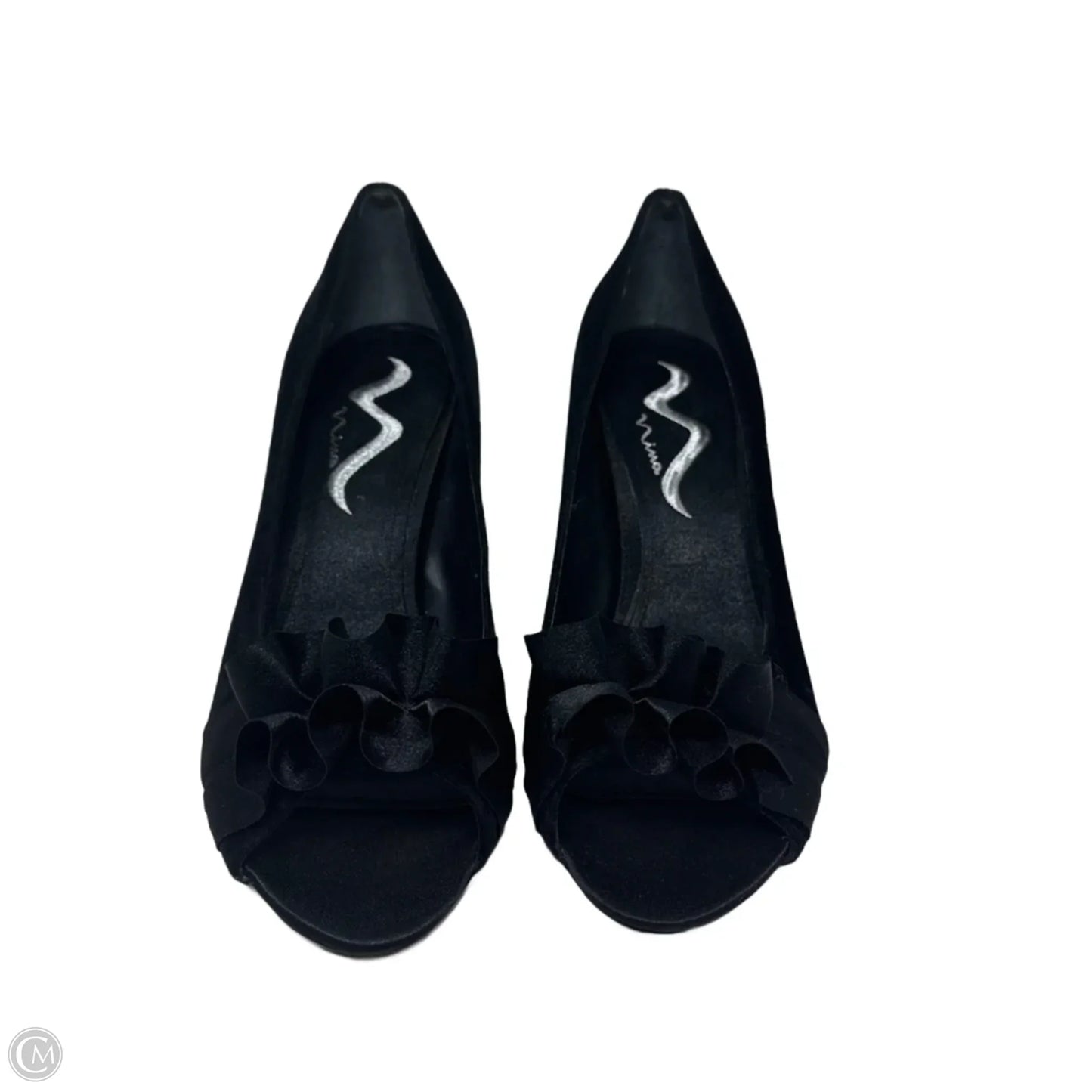 Velvet Ruffle Peep Toe Shoes Heels Stiletto By Nina In Black, Size: 10