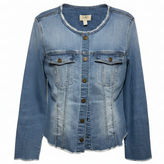 Denim Jacket with Frayed Edges By Logo By Lori Goldstein In Blue Denim, Size: 12