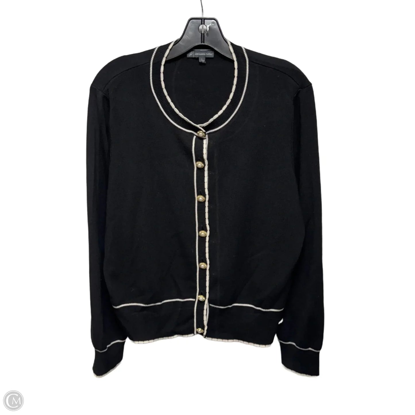 Crew Neck Cardigan Sweater With Stitch Detail By Adrianna Papell In Black & Cream, Size: L