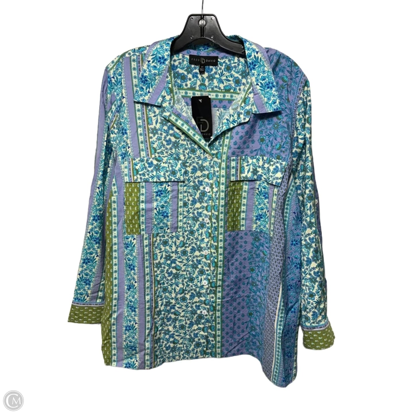 Patchwork Button Down Shirt By Fred David In Floral Print, Size: 2X