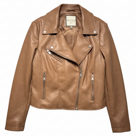 Faux Leather Jacket Moto By Bagatelle In Tan, Size: M