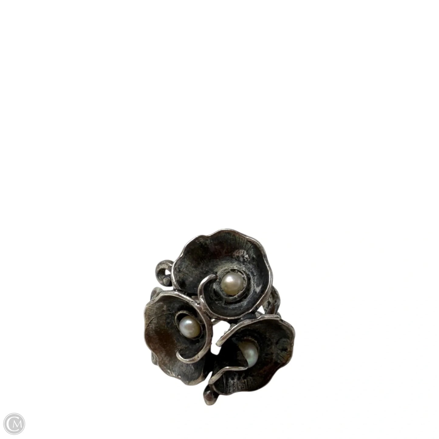 Vintage Sterling Silver Filigree Three Flower Pearl Cocktail Ring, Size: 7
