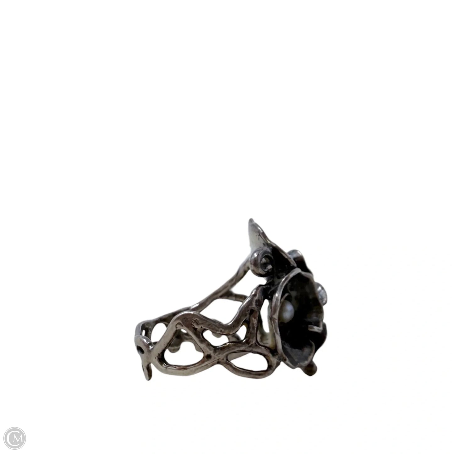 Vintage Sterling Silver Filigree Three Flower Pearl Cocktail Ring, Size: 7