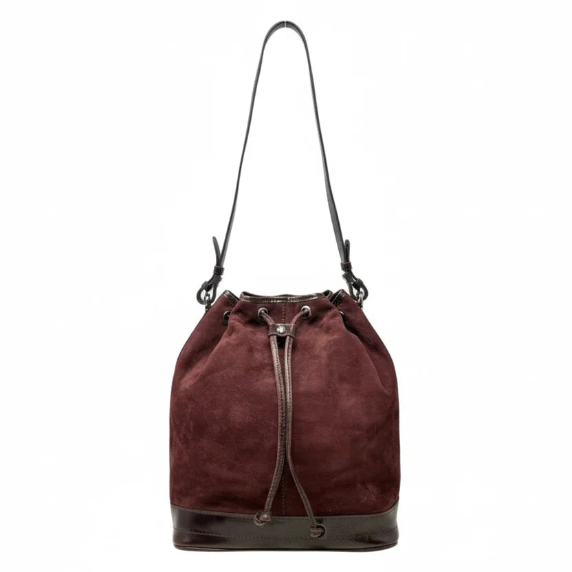 Melrose Drawstring Bucket Bag In Plum Brushed Italian Nubuck Leather Designer By Patricia Nash, Size: Medium