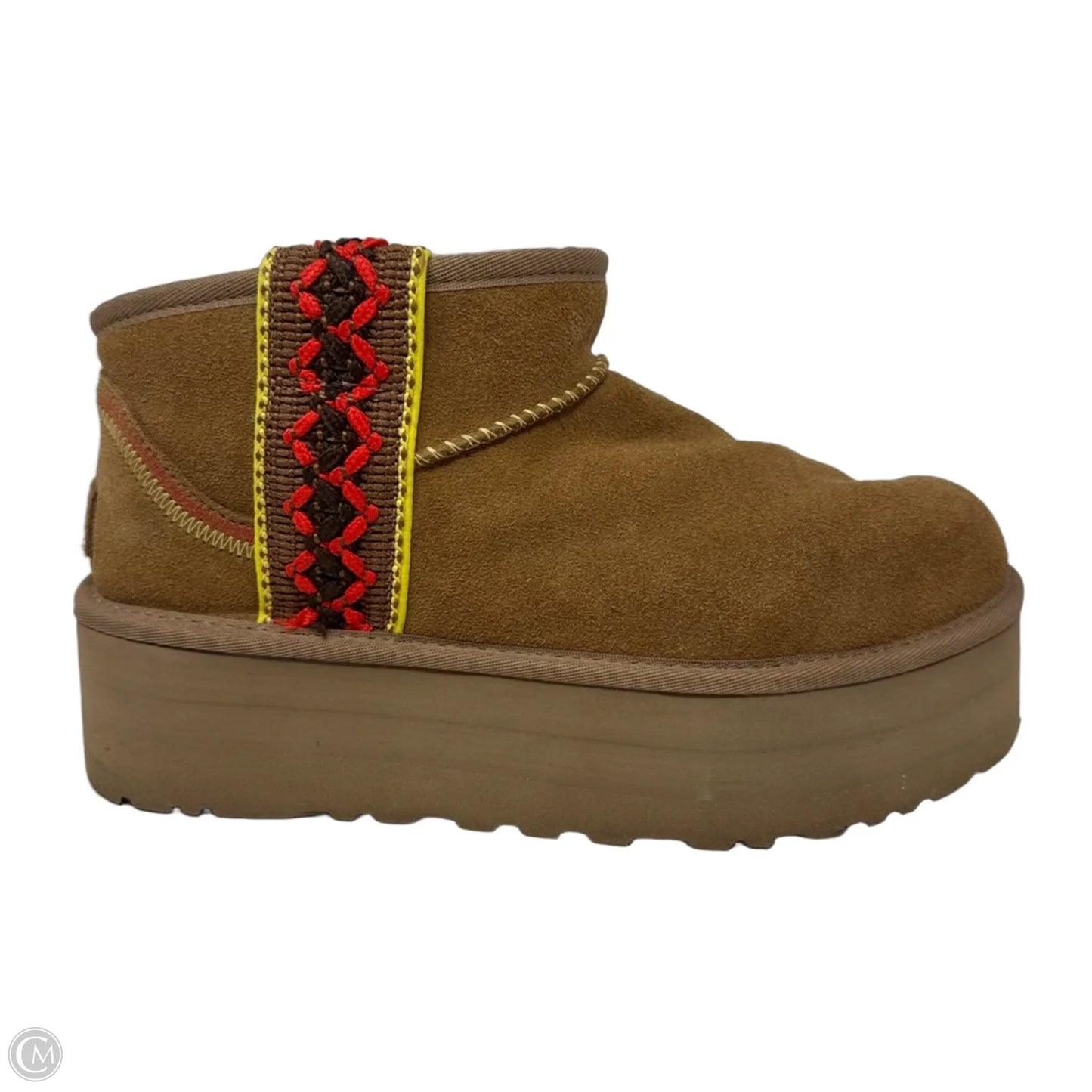 Ultra Mini Platform Boots Designer By Ugg In Brown & Red, Size: 9