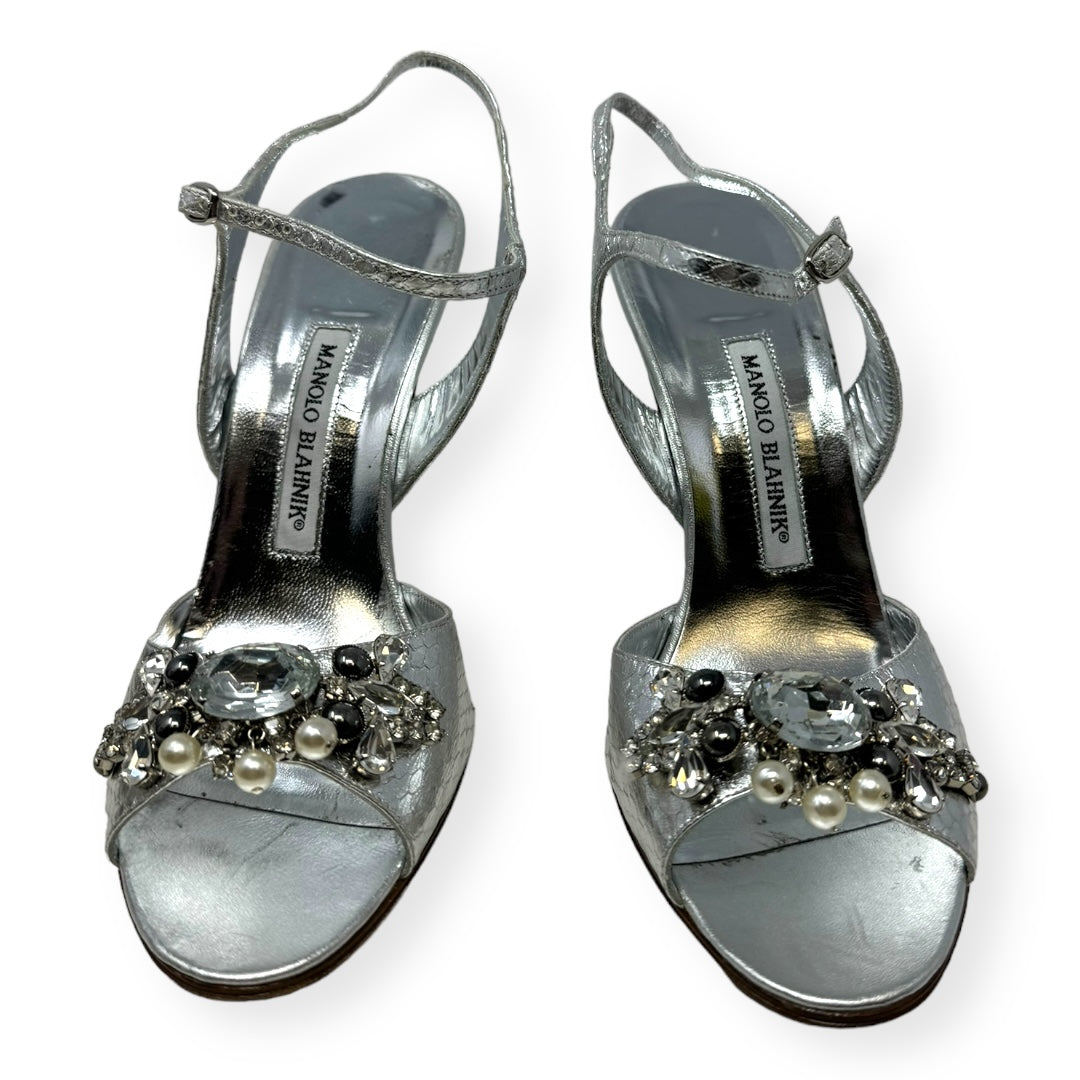 Crystal Embellished Metallic Silver Sandals Luxury Designer Manolo Blahnik, Size 8