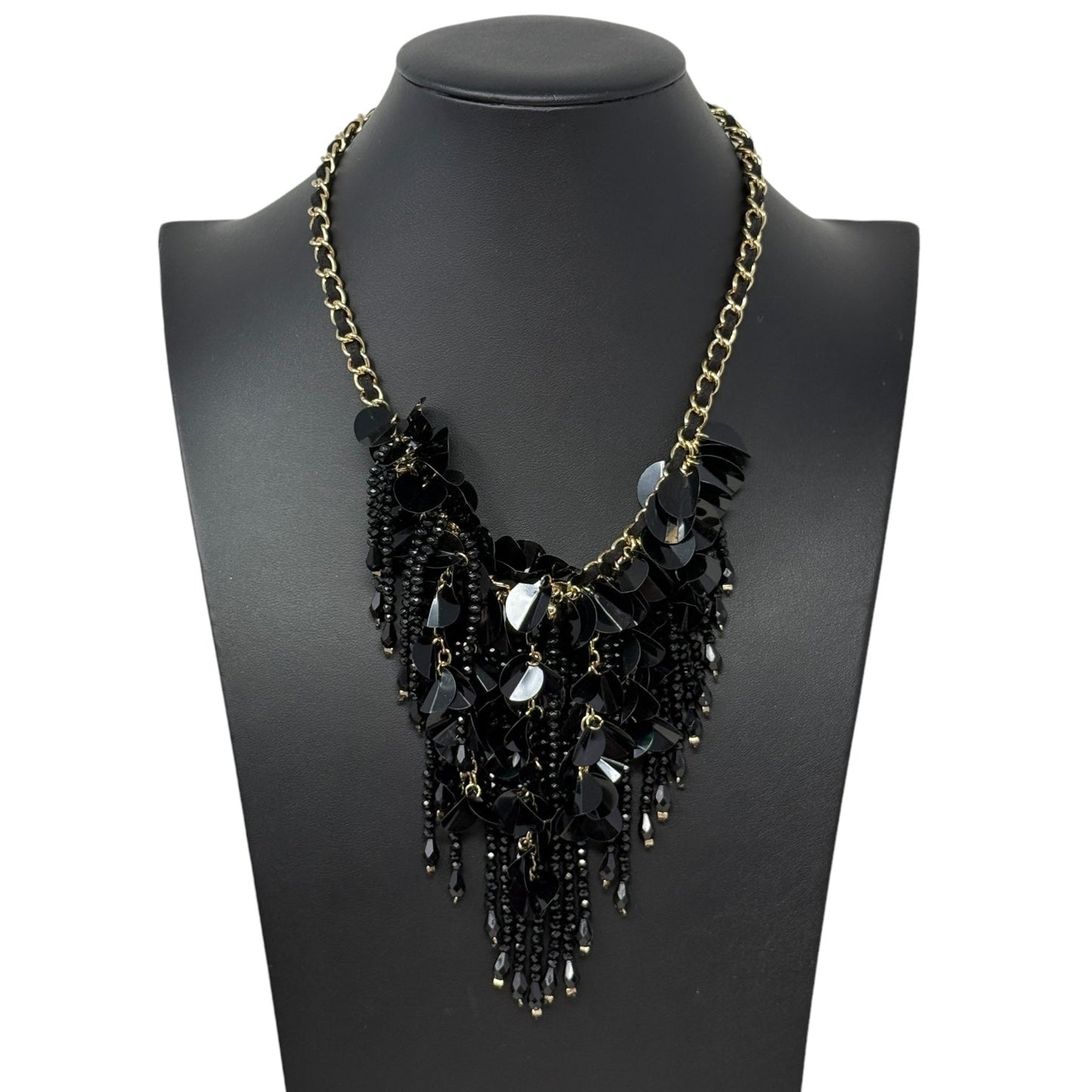 Black Beaded Statement Necklace By Unbranded