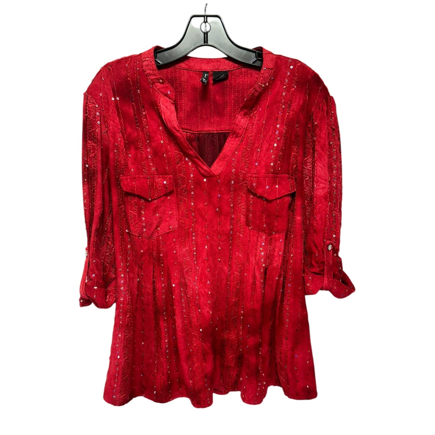 Sequined Top 3/4 Sleeve By New Directions In Red, Size: 2x