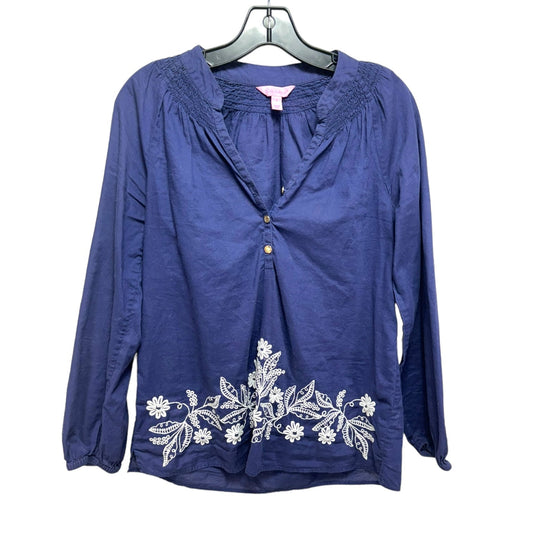 Elsa Embroidered Pullover Top Designer By Lilly Pulitzer In Blue & White, Size: S