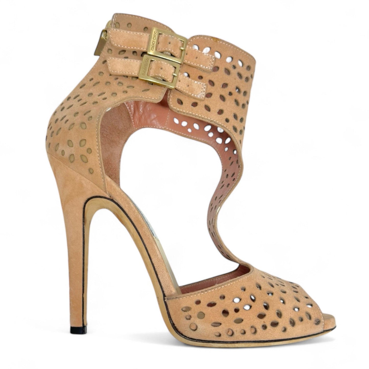 Tahi Perforated Suede Sandal Heels Luxury Designer By Jimmy Choo In Blush, Size: US-6.5/IT-36.5