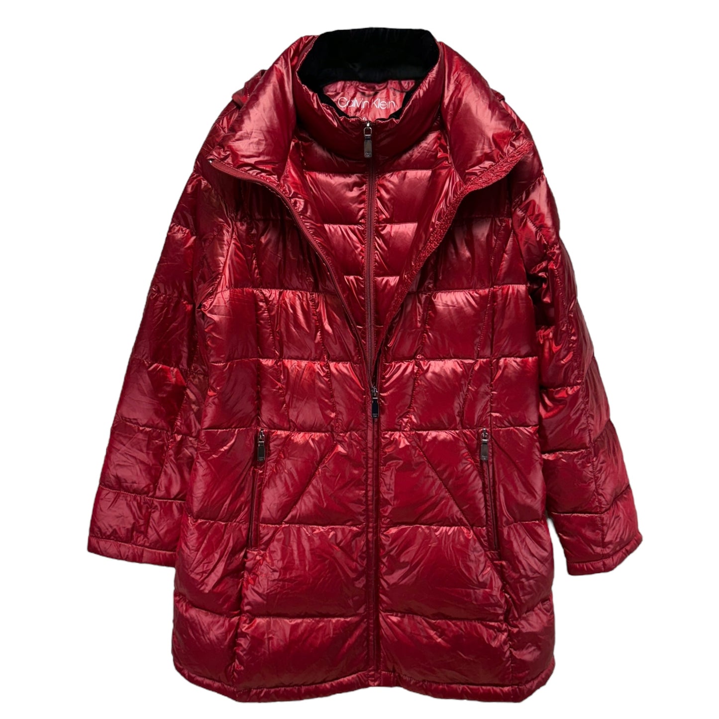 Longline Zip Front Packable Down Puffer Coat By Calvin Klein In Pearlized Crimson, Size: Xl