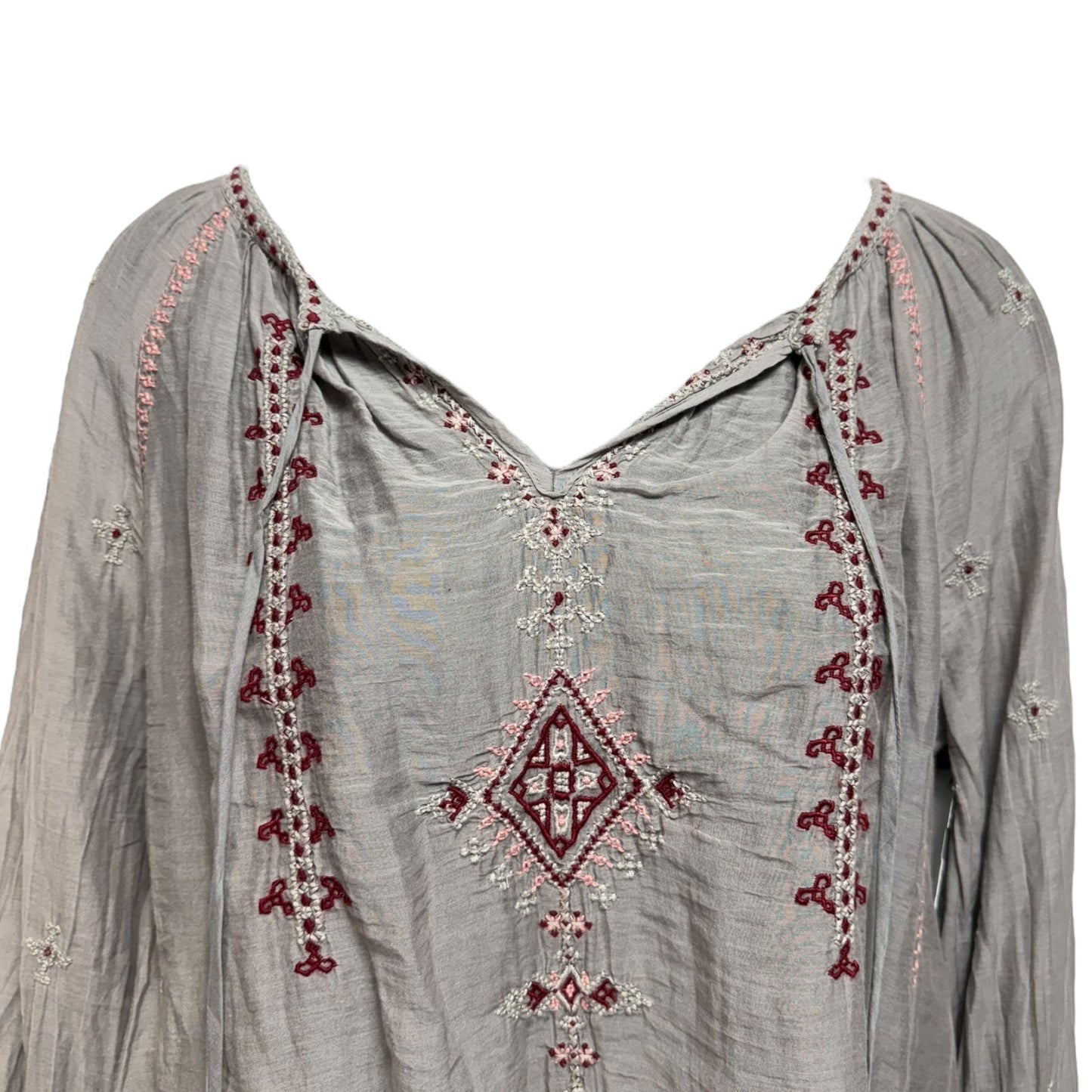 Silk Blend Embroidered Blouse Designer By Johnny Was In Grey, Size: Xs