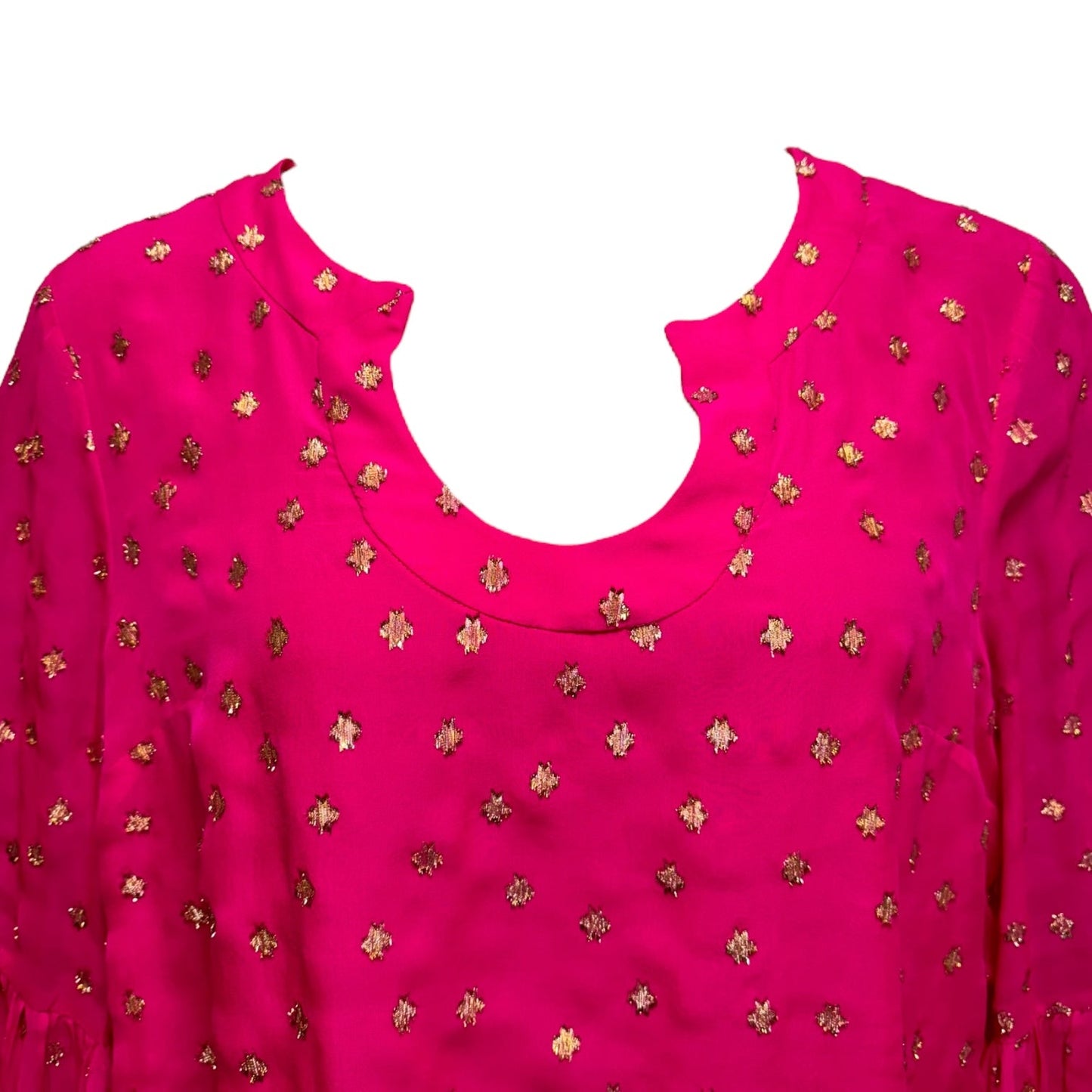 Caline Silk & Metallic Bell Sleeve Blouse Top Long Sleeve Designer By Lilly Pulitzer In Gold & Pink, Size: Xl