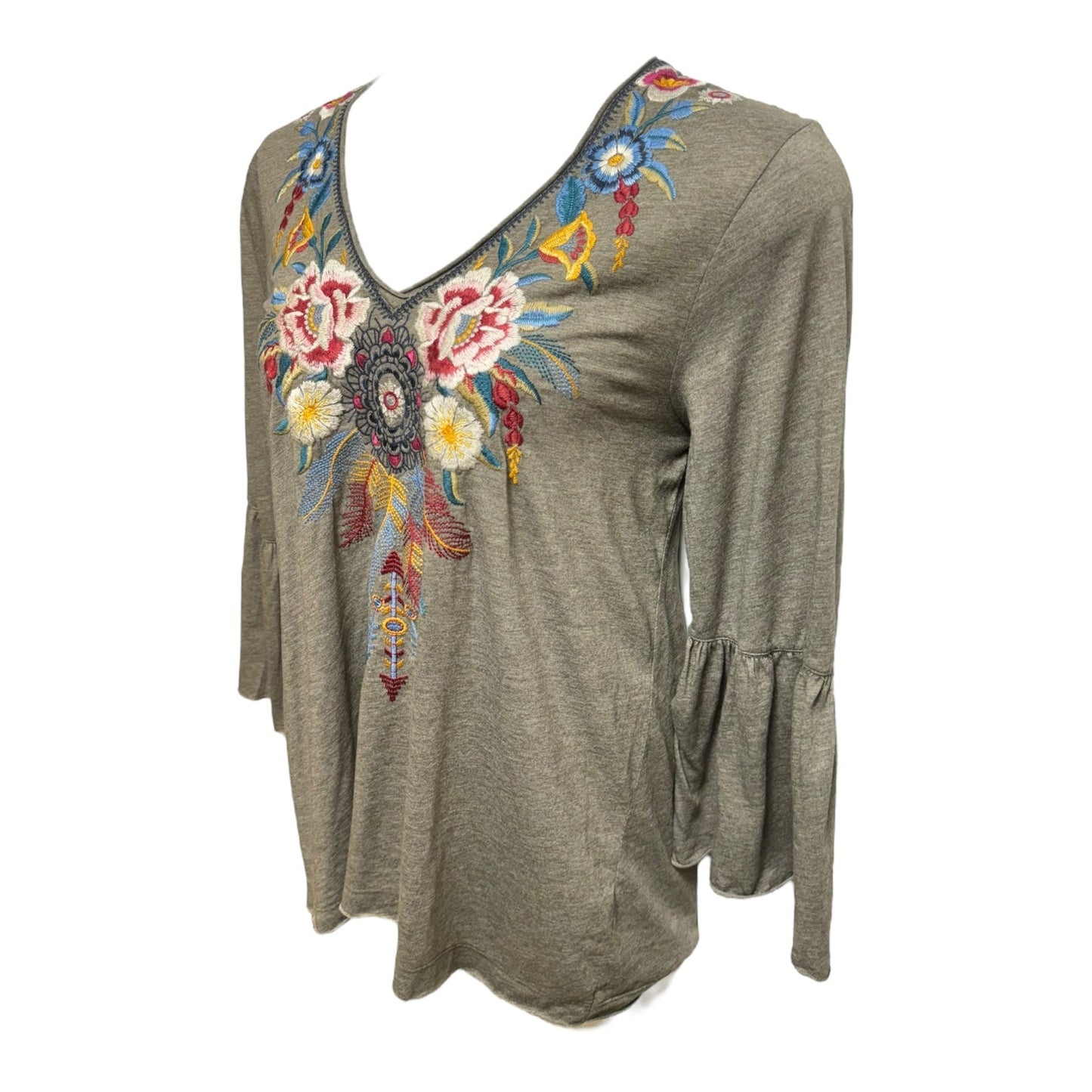 Darielle Bell Sleeve Top Long Sleeve Designer By Johnny Was In Taupe, Size: Xl