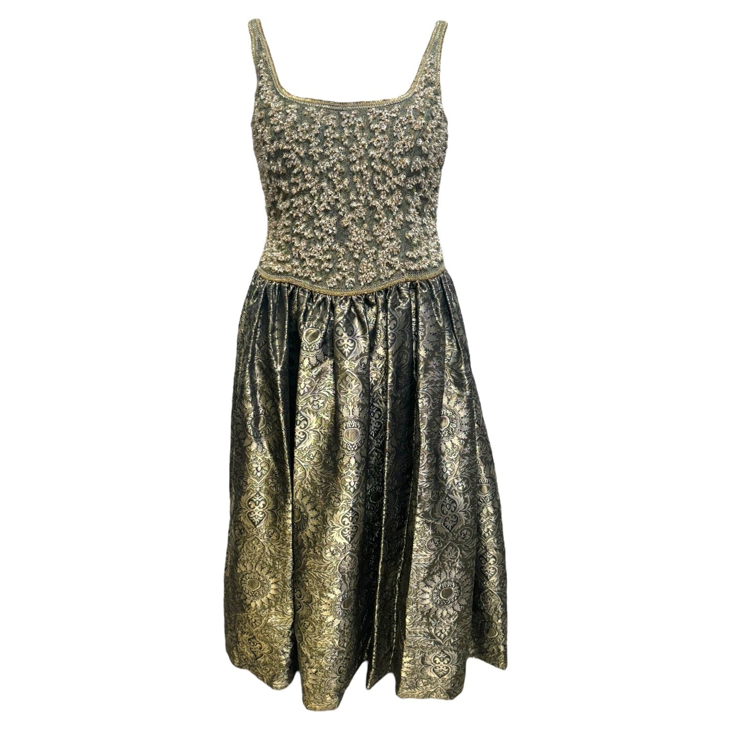 Beaded Jacquard Gown Dress Designer By Escada Couture In Green / Gold, Size: 8