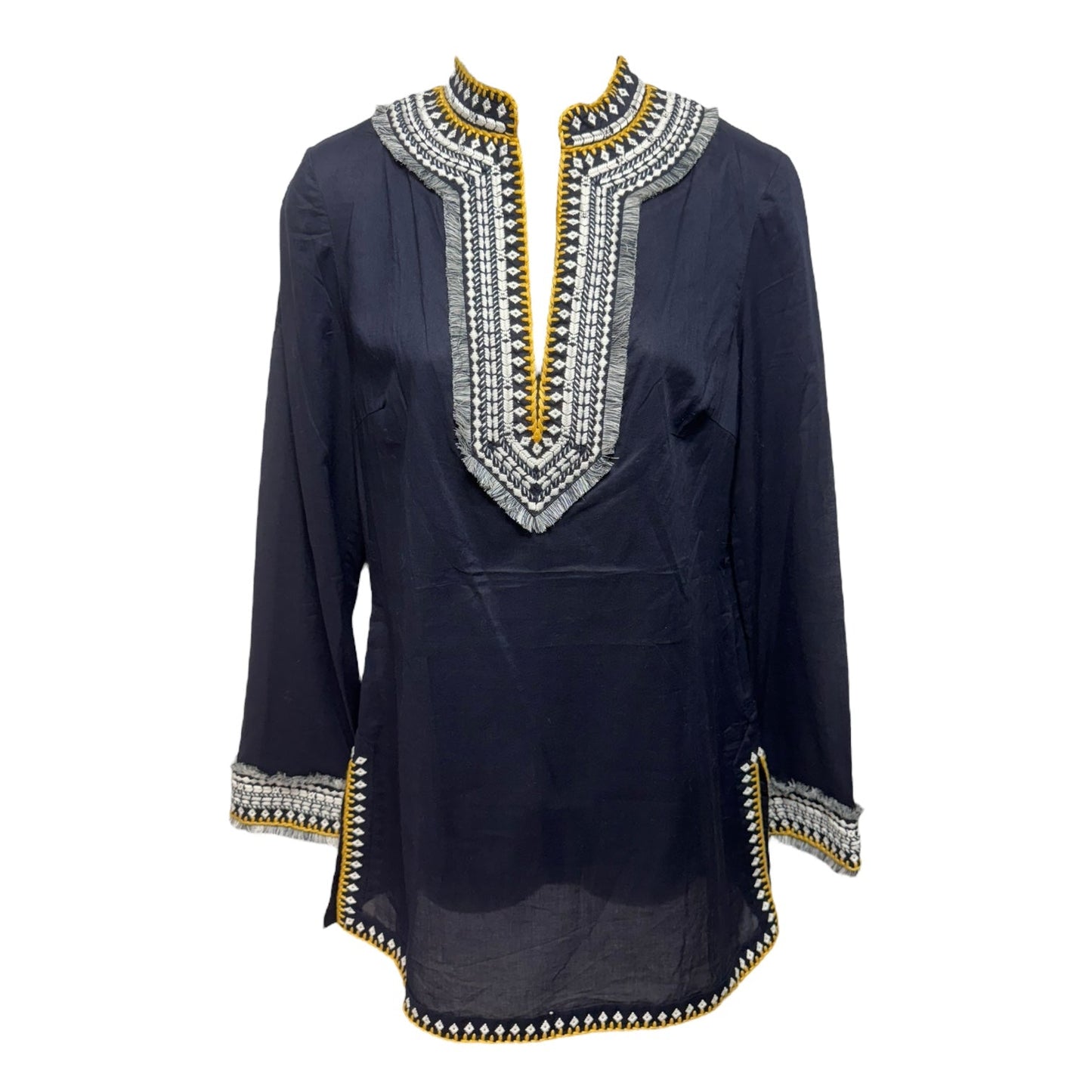 Embroidered Fringe Collar Tunic Designer By Tory Burch In Navy, Size: 4