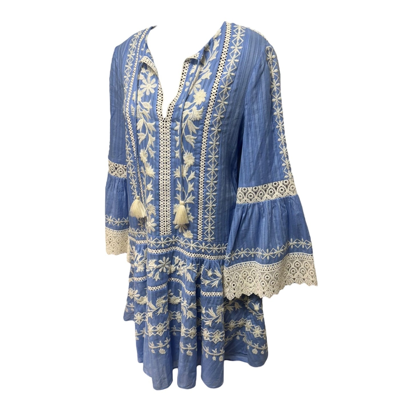 Gabriella Embroidered Bell Sleeve Dress Designer By Tory Burch In Blue & White, Size: 2