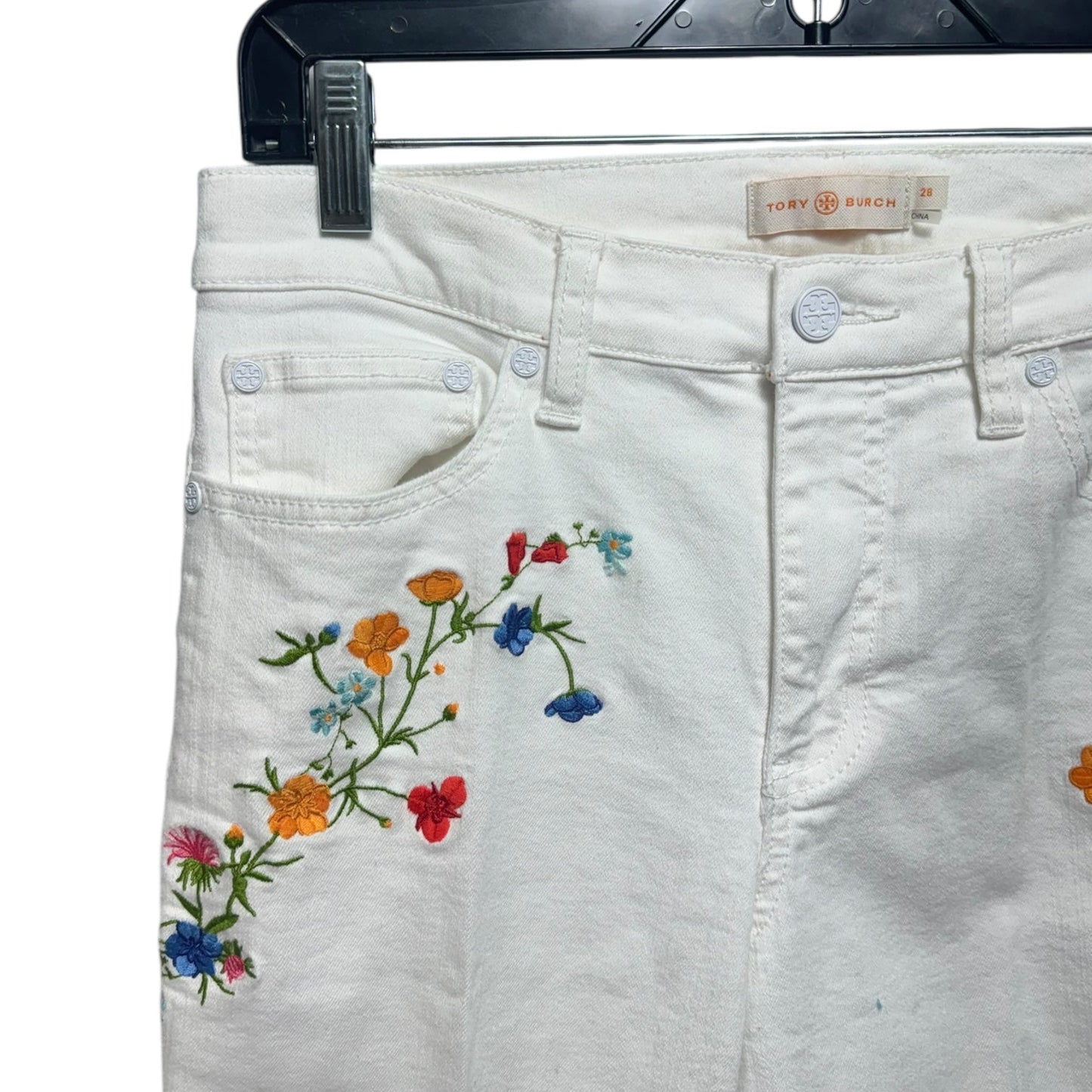 Carson Embroidered Floral Jeans Designer By Tory Burch In White, Size: 6