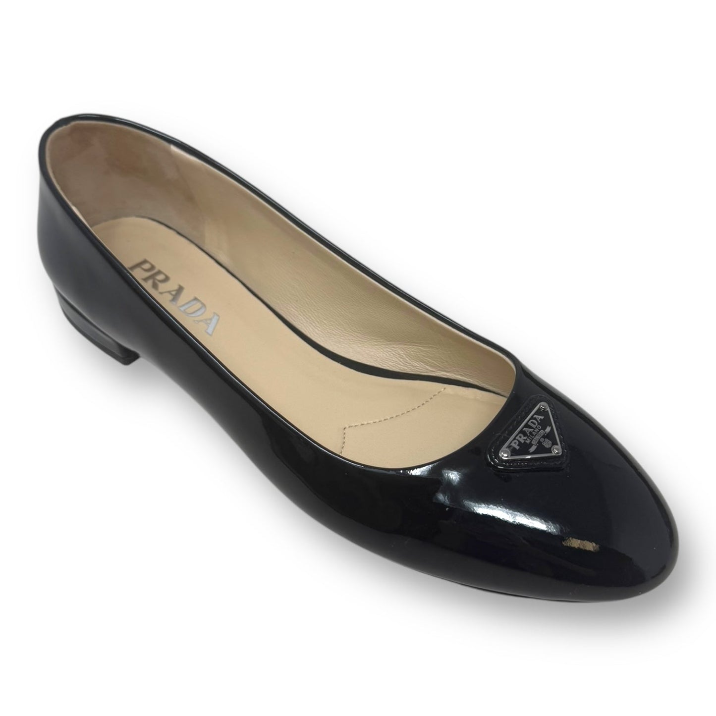 Logo Ballerina Flats Luxury Designer By Prada In Black Patent Leather, Size: 9