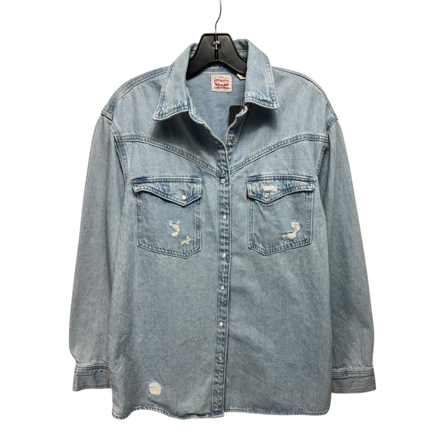 Distressed Pearl Snap Jacket Shirt By Levis In Blue Denim, Size: Xs