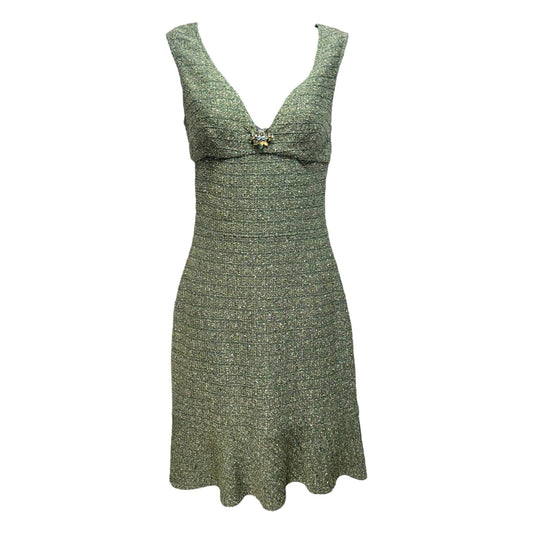 Fit & Flare Metallic Tweed Tank Dress Luxury Designer By St. John Evening In Green, Size: 4