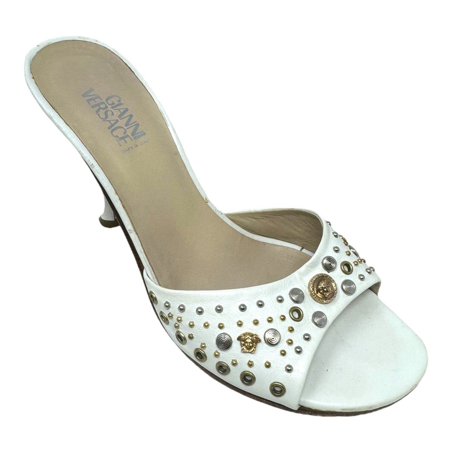 Vintage Medusa Logo Studded Mule Sandals Luxury Designer By Versace In White, Size: US 6/IT 36