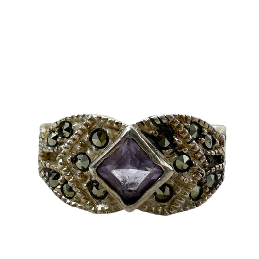 Vintage Amethyst & Marcasite Sterling Silver Ring By Unbranded, Size: 6