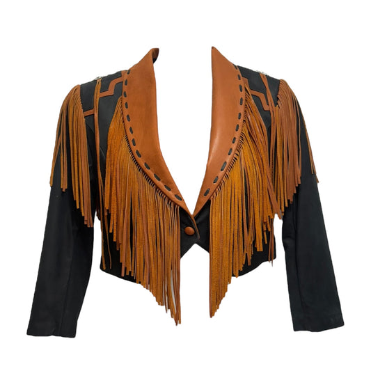 Vintage Fringe Jacket Leather By Lariat Leather In Black & Brown, Size: M