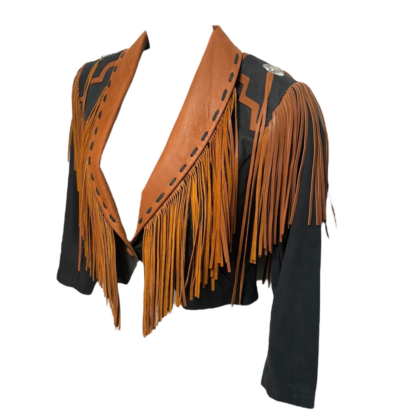 Vintage Fringe Leather Jacket By Lariat Leather In Black & Brown, Size: M