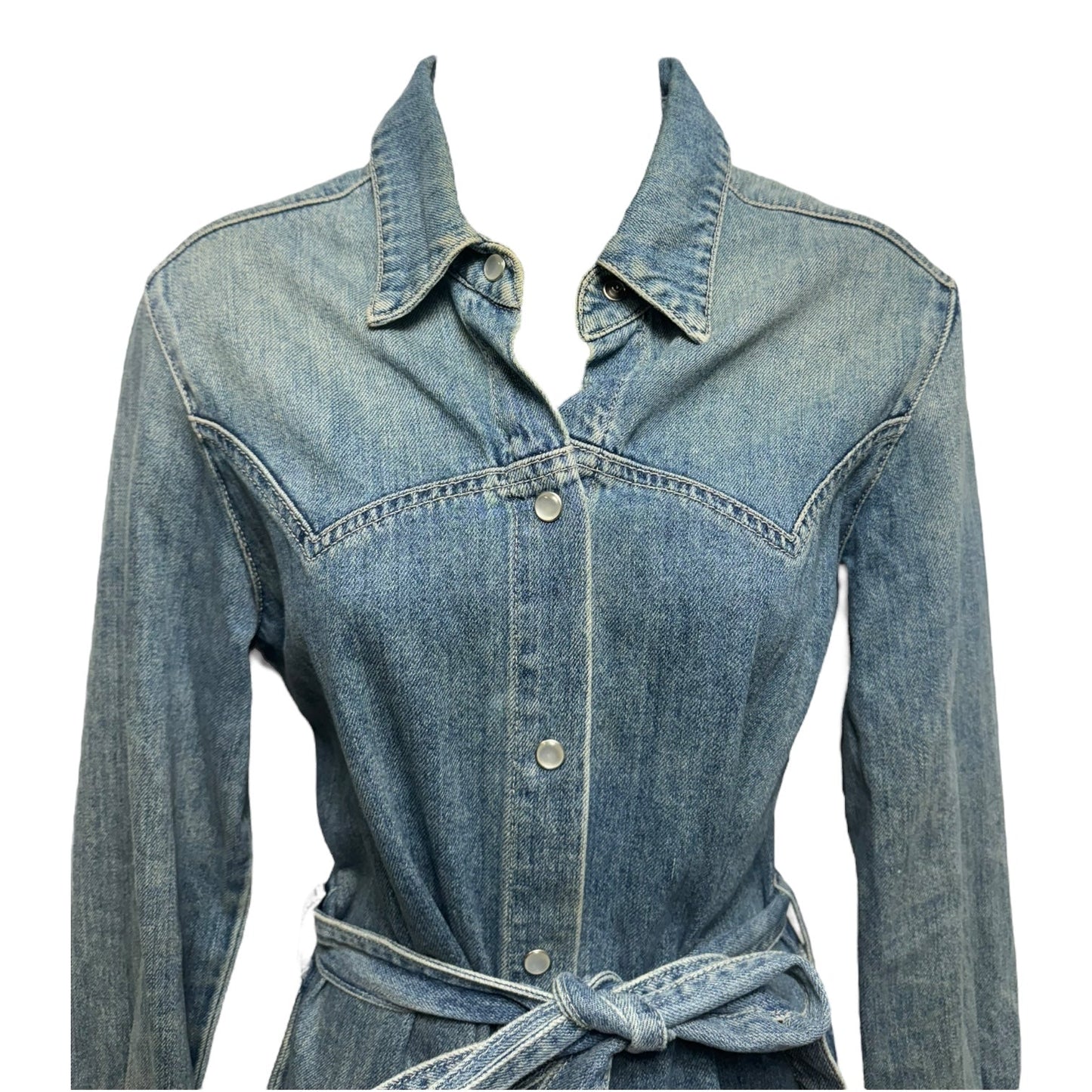 Wesley Pearl Snap Belted Denim Mini Shirt Dress By Reformation In Bowen Blue Denim, Size: 6