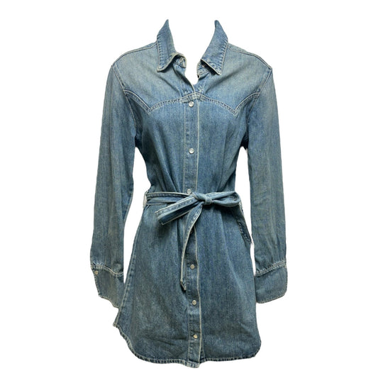 Wesley Pearl Snap Belted Denim Mini Shirt Dress By Reformation In Bowen Blue Denim, Size: 6