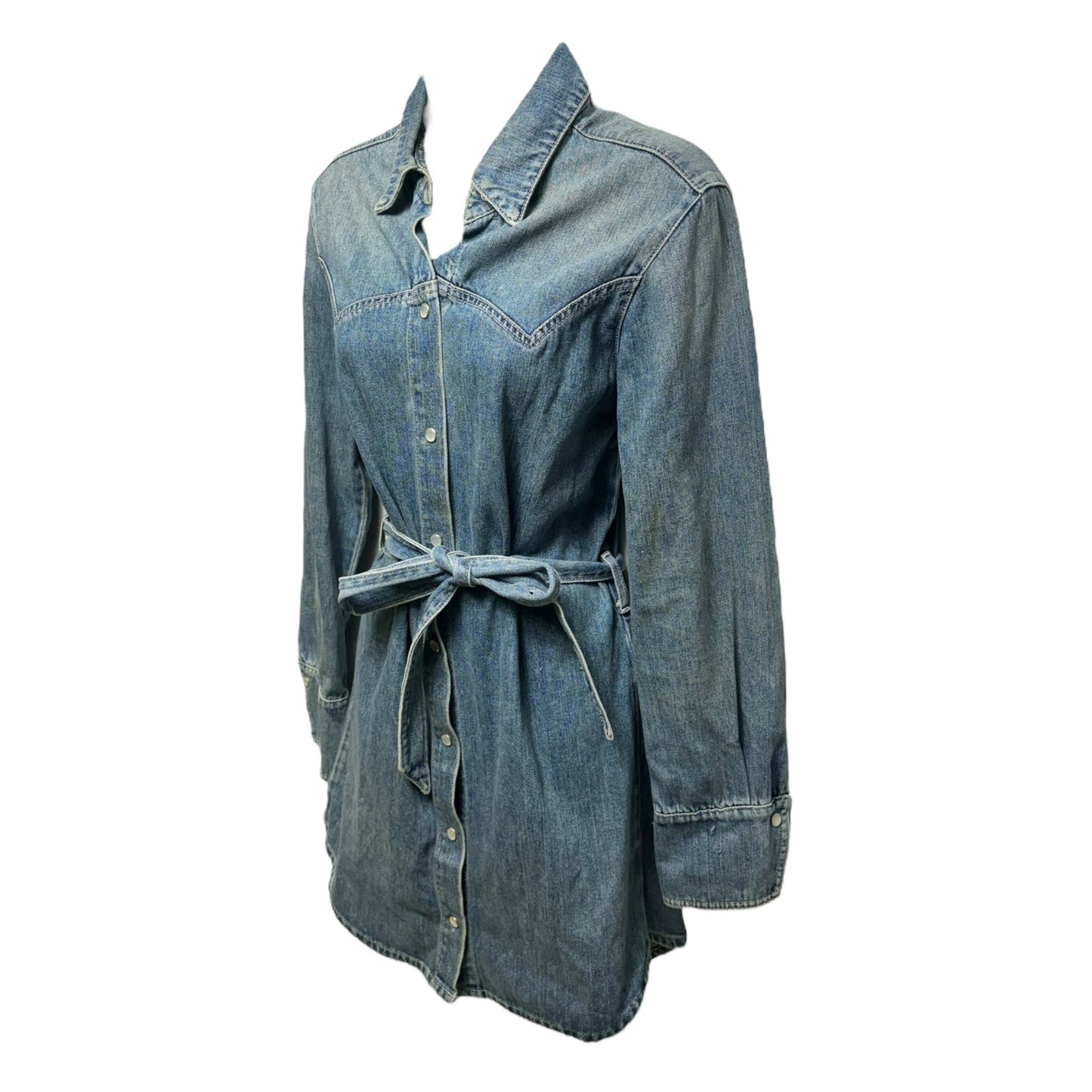 Wesley Pearl Snap Belted Denim Mini Shirt Dress By Reformation In Bowen Blue Denim, Size: 6