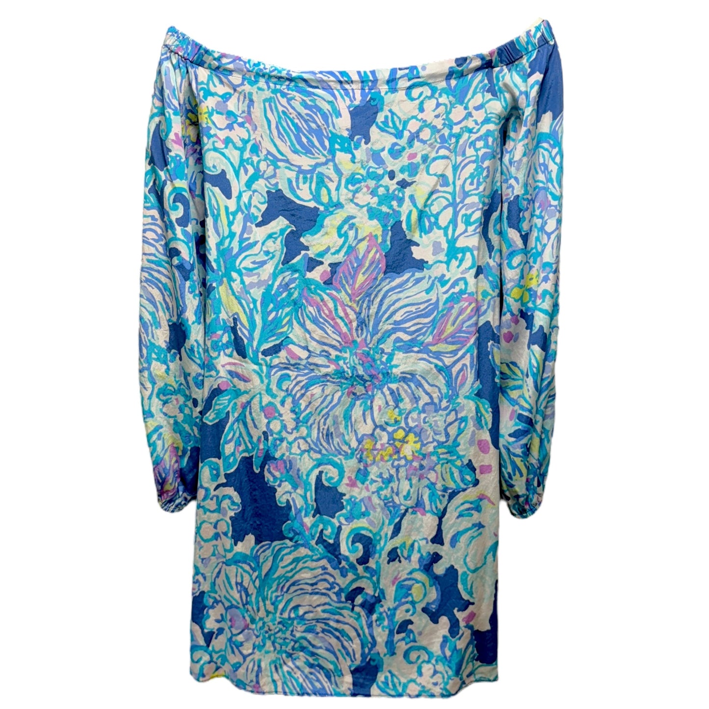 Adira Stretch Off Shoulder Silk Dress Designer By Lilly Pulitzer In Indigo Exotic Escapade, Size: XS