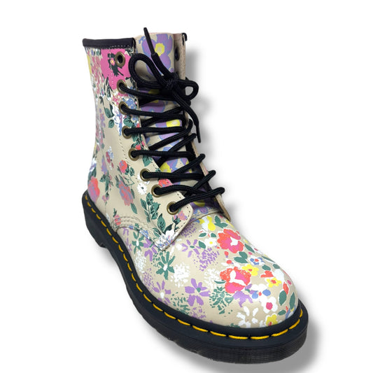 1460 Floral Mash Up Leather Lace Up Boots By Dr Martens In Parchment Beige Floral Print, Size: 6