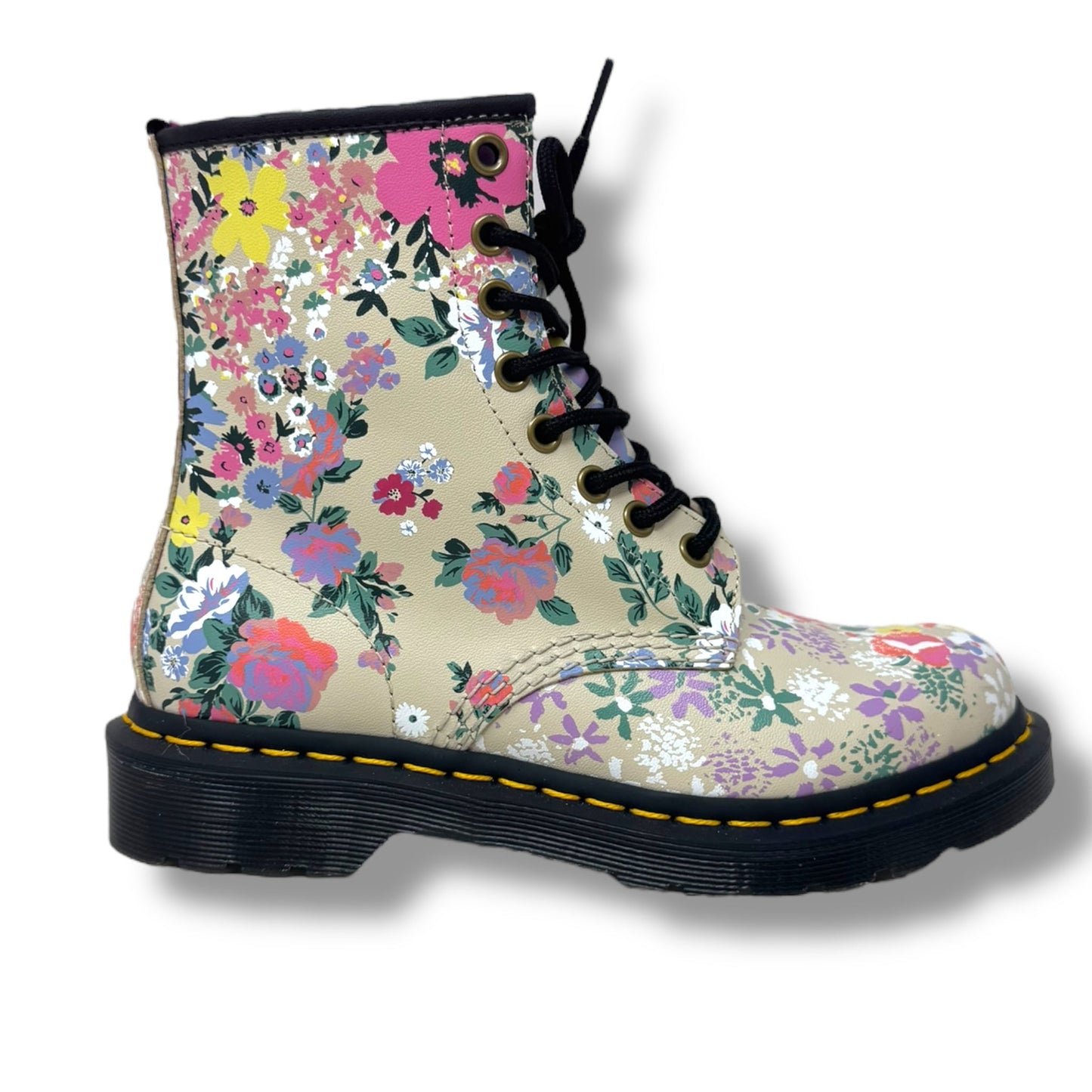 1460 Floral Mash Up Leather Lace Up Boots By Dr Martens In Parchment Beige Floral Print, Size: 6